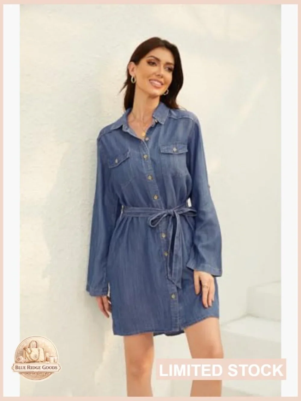 Denim Shirt Dress Casual Button Down Tie Waist Long Sleeve Midi Wrap Style - Picture 3 of 7